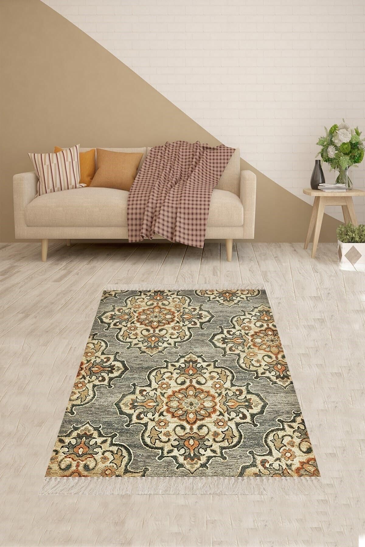 Pelangi Desenli Dijital Baskılı Yıkanabilir Kaymaz Taban Halı, Bej 60 x 200