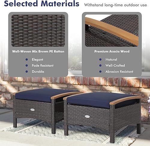 Miniatura 5 de Tangkula Otomanas de ratán de 2 piezas, reposapiés de mimbre para exteriores con asas de madera de acacia, cojines suaves con cremallera, reposapiés
