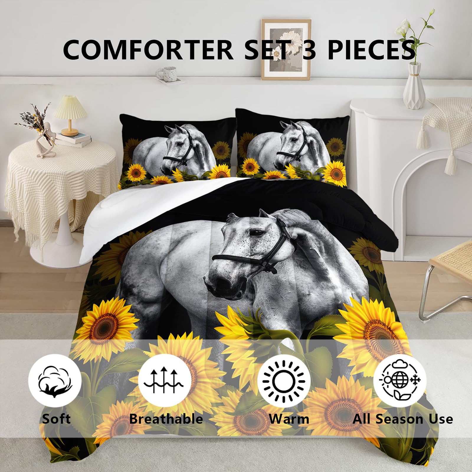 Axolotl Juego de ropa de cama de caballo, juego de edredón de girasol, juego de ropa de cama floral campestre, edredón de caballo galopante, juego de ropa de cama de girasol para niños, niñas,