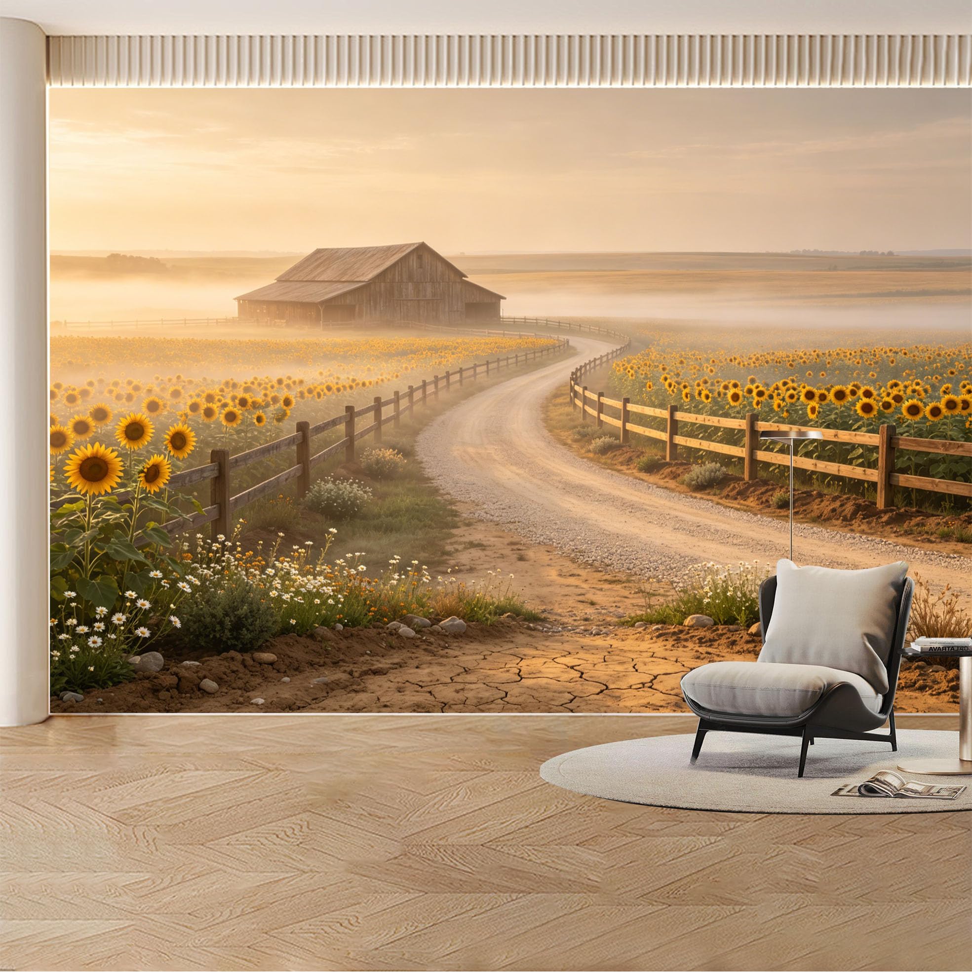 Custom Wall Mural Wallpaper Sunflower Farm Landscape Nature Large Wall Art Wall Decor Rustic Countryside Misty Sunset Removable SelfAdhesive Large Photo for Living Room， Bedroom， Office