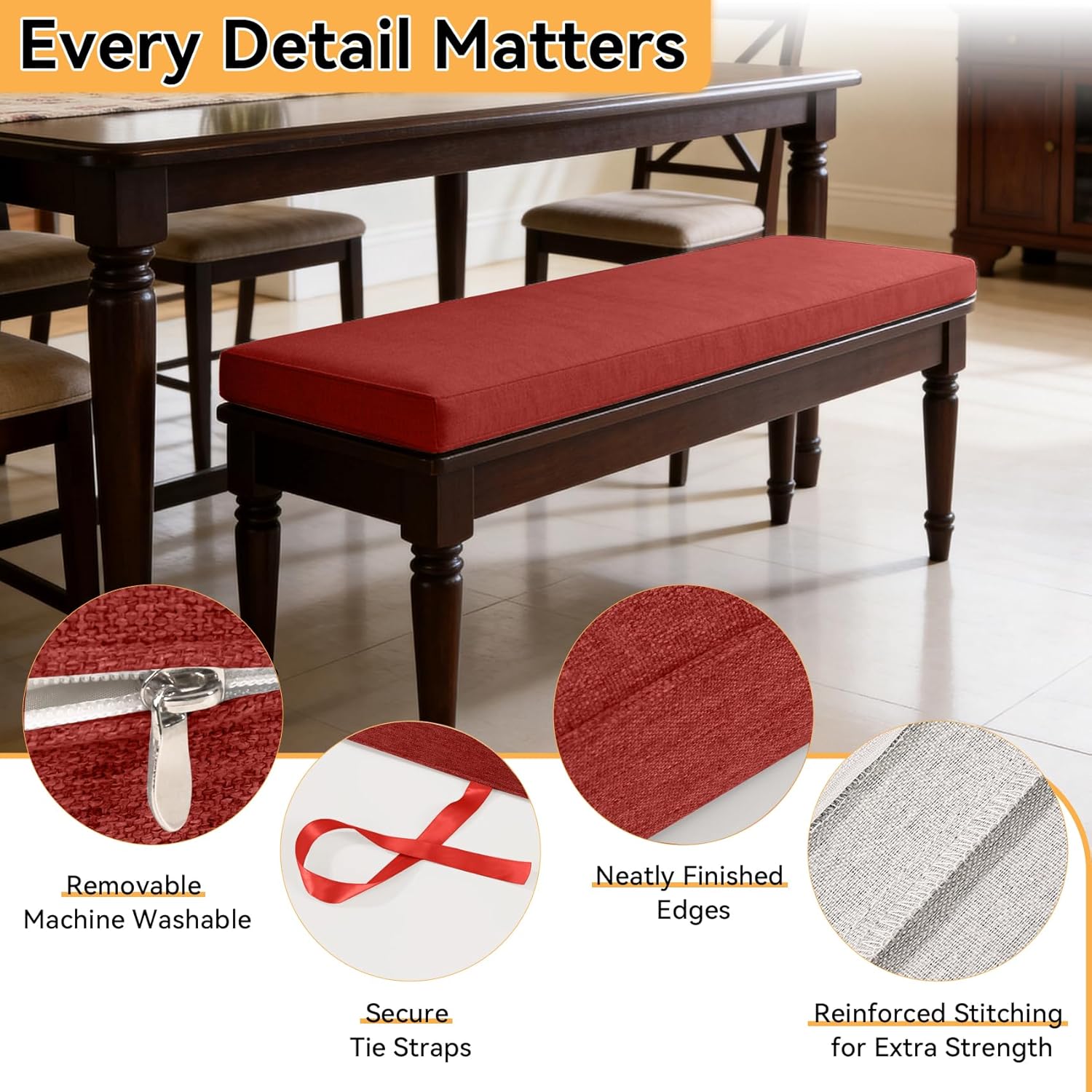 ROFIELTY Bench Cushion 39 inch, Durable Bench Cushions for Indoor Furniture, Non-Slip Window Seat Cushions Indoor, Personalized Custom Bench Cushion (Red, 39x11x2)