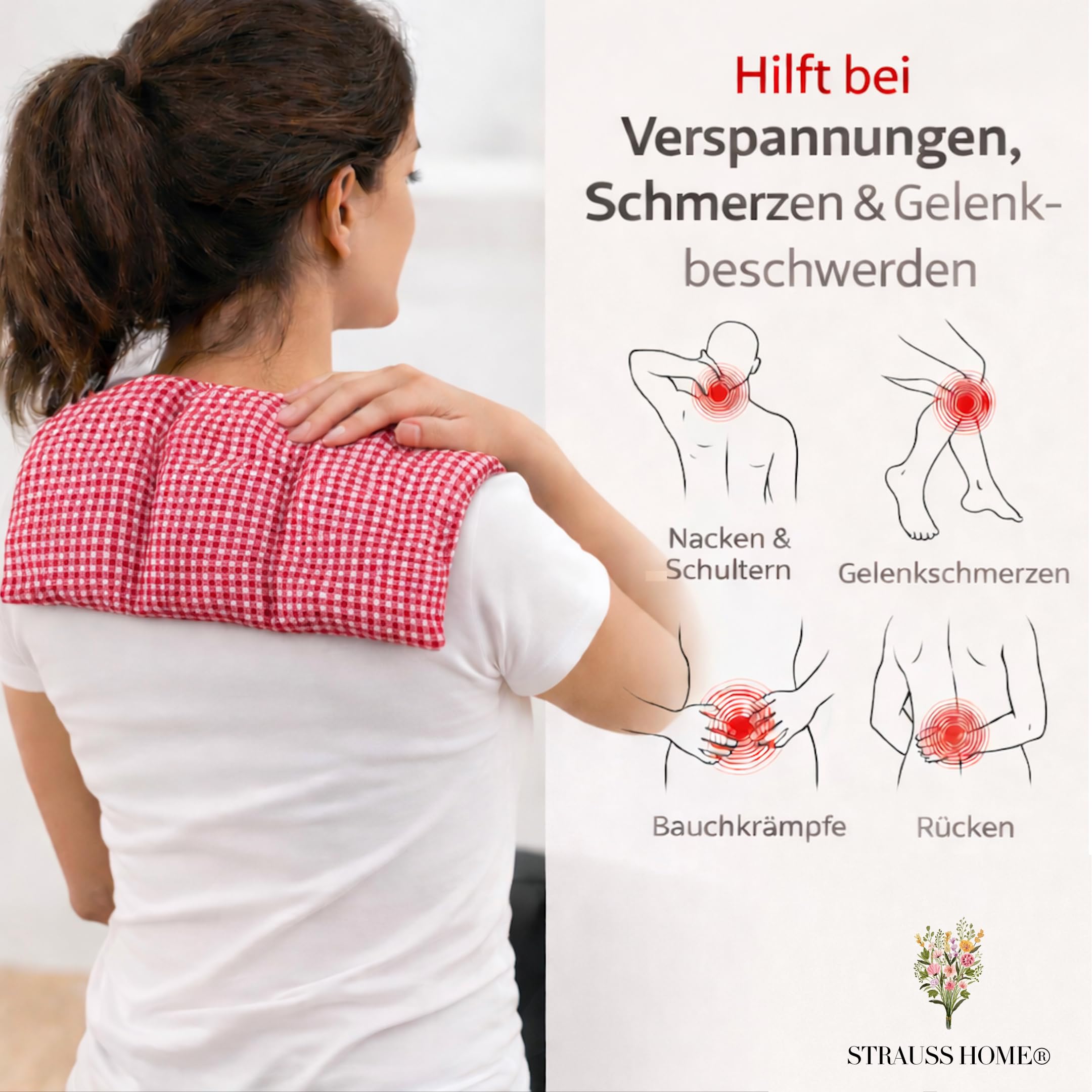 Strauss Home® Cojín de huesos de cereza grande, microondas, cojín térmico para cuello y hombros, tela de algodón, 50 x 20 cm (rojo vintage)