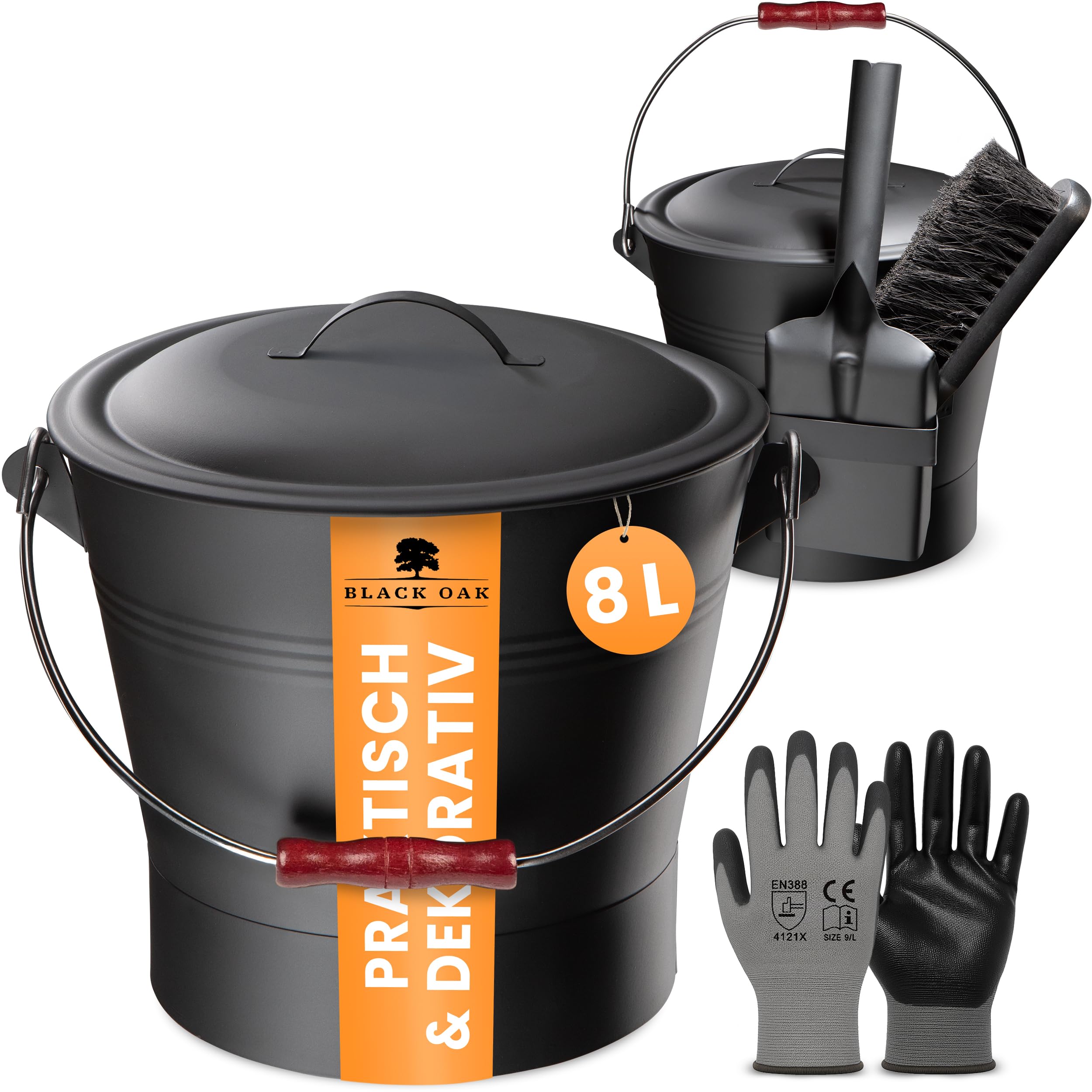BLACK OAK LANIN - Secchio per cenere, 8 l, nero con coperchio e manico in legno scuro + spazzola, pala e guanti, 8 l, in acciaio zincato e verniciato a polvere, per pellet di carbone di cenere