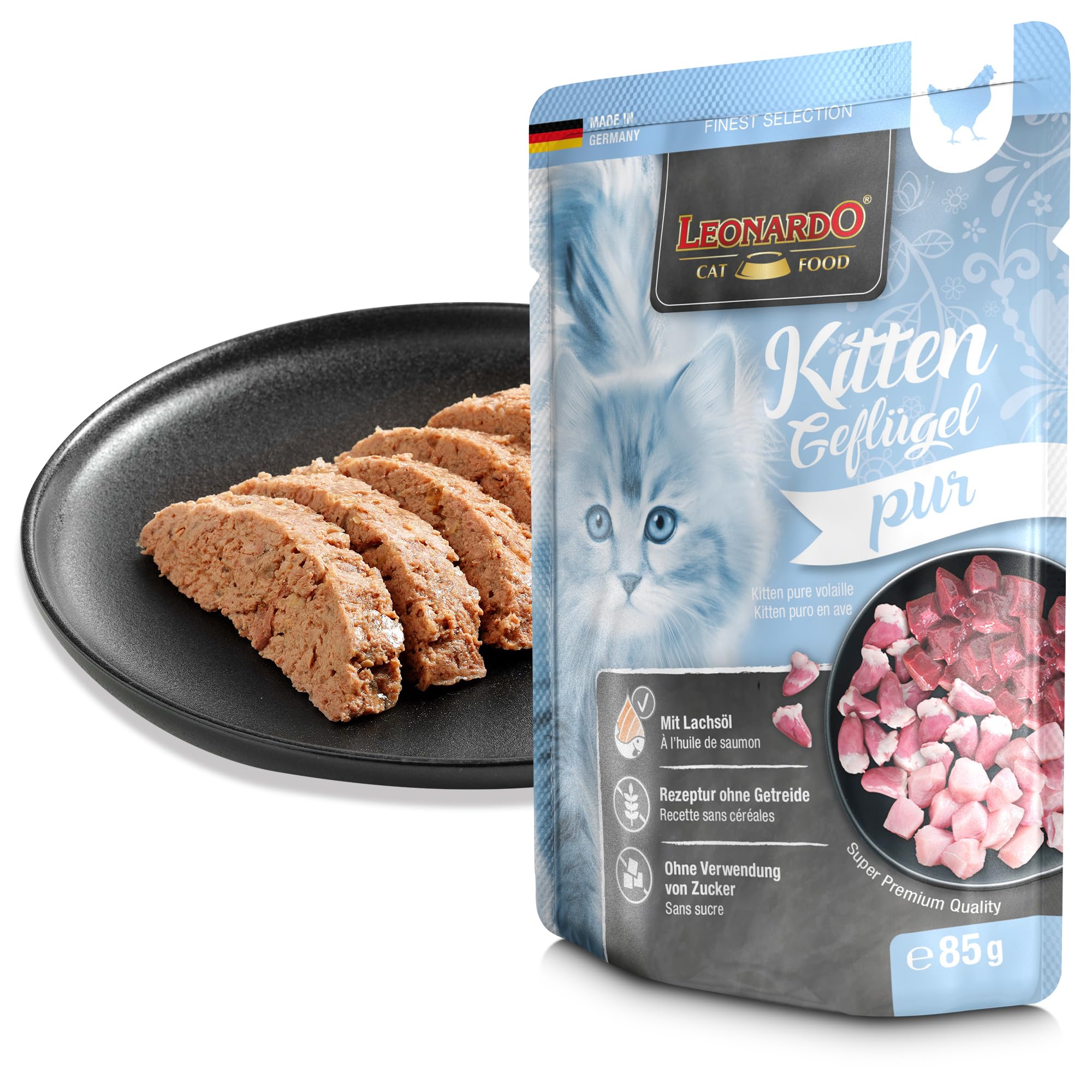 LEONARDO Finest Selection Kitten Poultry | Paquete Doble | 2 x 16 x 85 g | Comida húmeda para Gatitos | Recomendado para los Primeros Meses de Vida | Bolsas Frescas
