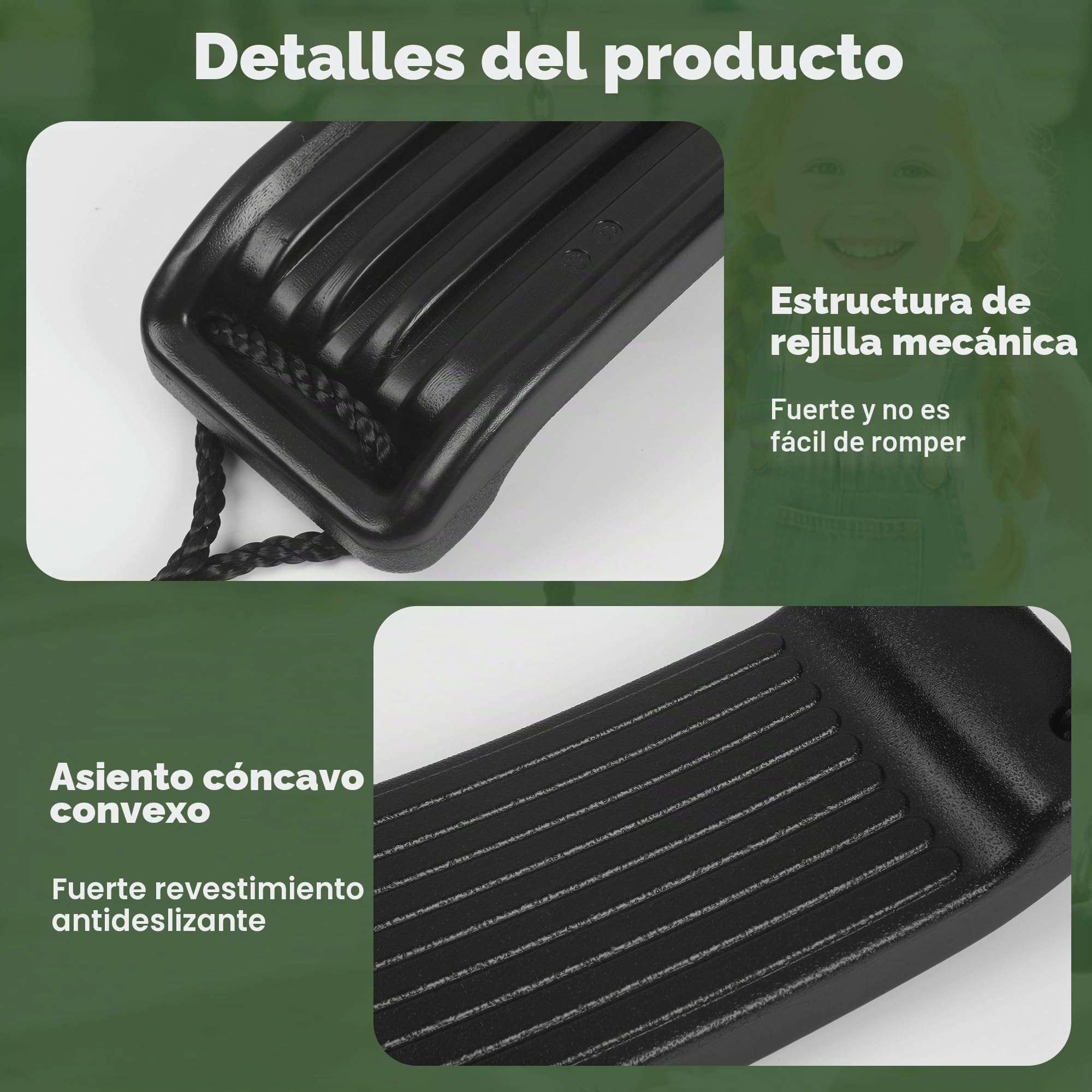 Columpio infantil, Asiento columpio para exterior e interior, con 2 cuerdas para colgar y 2 mosquetones, altura regulable, tablero de plástico antideslizante, apto para niños mayores de 3 años (Negro)