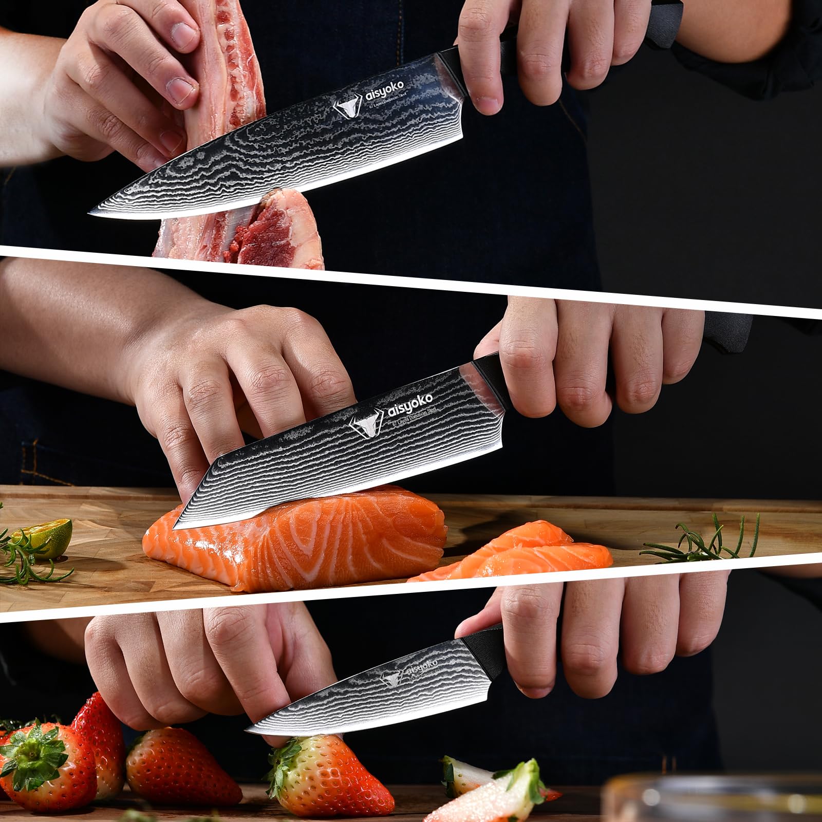 Aisyoko 8C Damascus Knife Set - 3PC Chef's Knife, Kitchen and Paring Knives, High Carbon Stainless Steel, Ergonomic Full Tang ABS Anti-Skid Handle