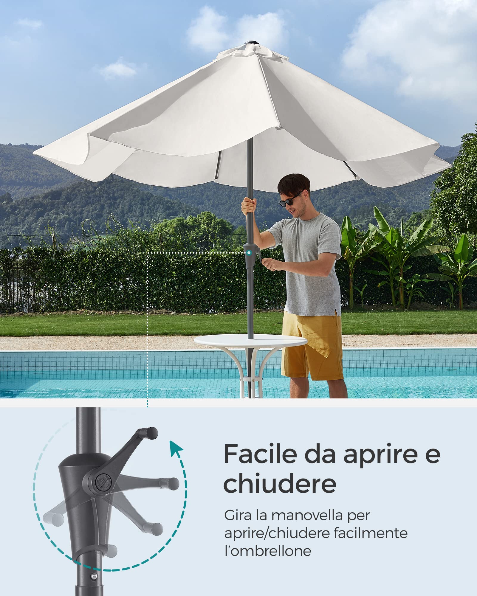 SONGMICS Ombrellone da Giardino 300 cm, UPF 50+, Parasole, Inclinazione Bidirezionale a 30°, Manovella per Apertura/Chiusura, Esterno Terrazzo Balcone Piscina, senza Base, Beige GPU30BE