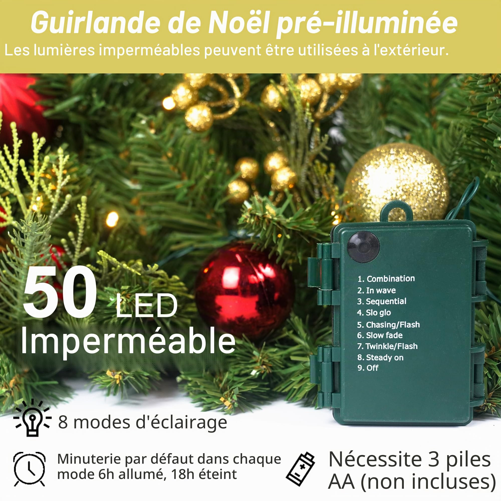 Guirlande de Noël de 2,7 m avec 50 LED, boules dorées et rouges contrôle des piles, décoration de Noël avec minuterie lumineuse pour cheminée d'escalier intérieur et extérieur