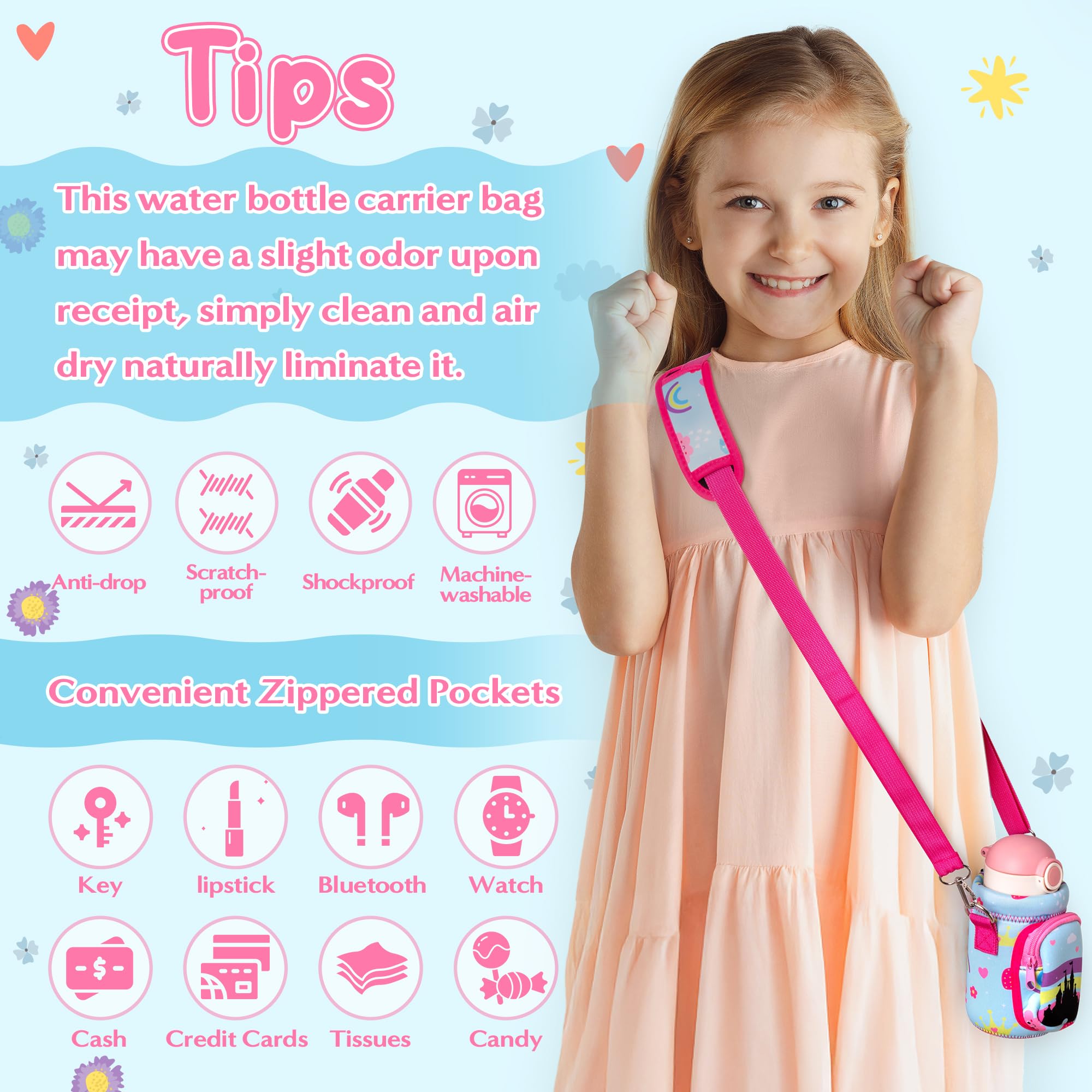 2OOYA Princess Castle Water Bottle Carrier Bag for Girls, Cute Castle Water Bottle Holder with Padded Strap Pocket - Image 4