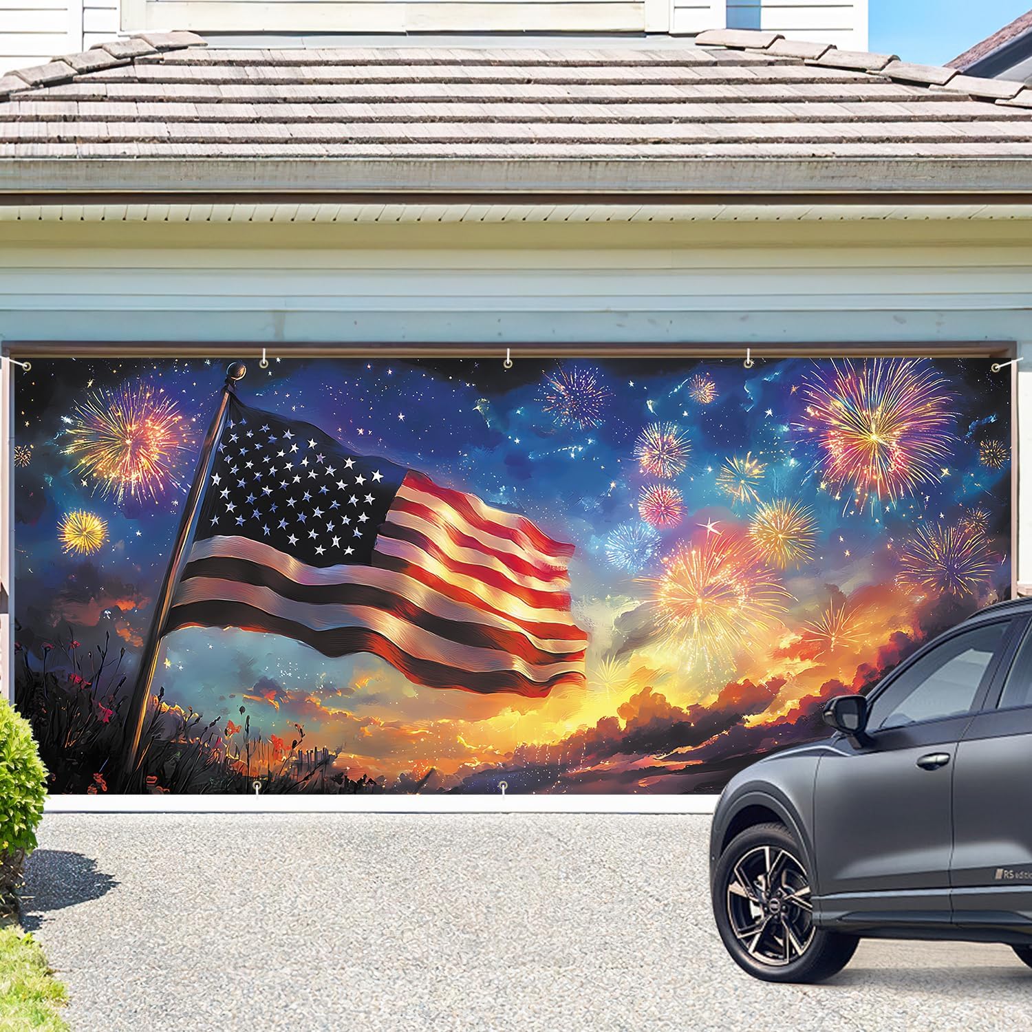 American Flag Fireworks Garage Door Banner 7x16FT, Patriotic USA Flag Independence Day Garage Door Cover, 4th of July Outdoor Decoration for Garage Yard Driveway Party