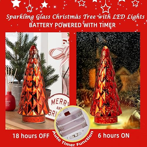 Miniatura 2 de Árbol de Navidad de vidrio de mercurio, paquete de 2 decoraciones iluminadas para árbol de Navidad, centro de mesa de vacaciones, funciona con pilas