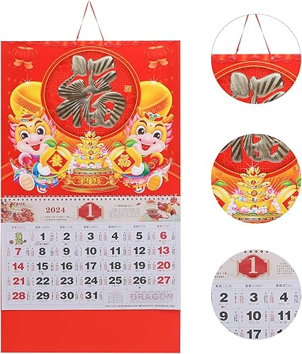 Miniatura 3 de STOBOK Calendario de pared chino 2024 Calendario de año nuevo Año Lunar del Dragón Calendario colgante mensual Calendario diario de dragón de la
