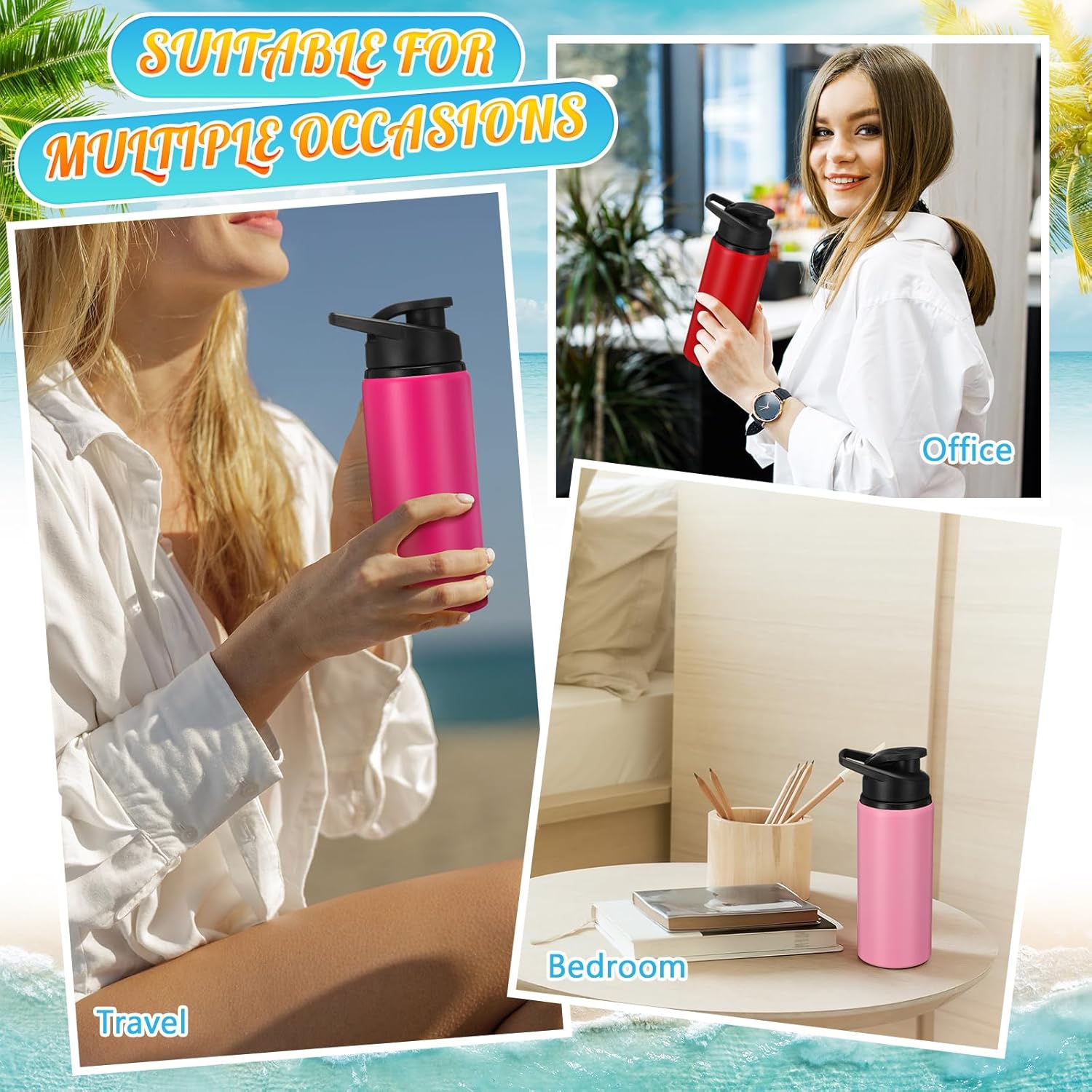 Baderke 8 Pcs Water Bottles Bulk Gradient Pink 20 oz Stainless Steel Reusable Sports Water Bottles Gift for Christmas Women Travel Gym Cycling Camping 4 Color, Snap Lid