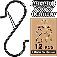iCafePub 12 Pack 3.5" Heavy Duty S Hooks with Safety Buckle - Rustproof Metal Hanging Hooks for Kitchen Utensils, Pots, Plants, Bags (Black)