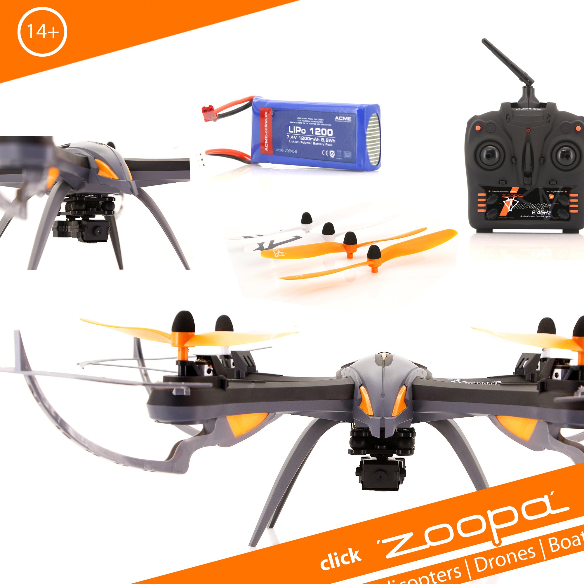 zoopa CME Q 600 Mantis Movie Quadro-Genial für Draussen 2,4GHz | Licht zu schaltbar | 360° Flip | 3 Geschwindigkeiten (ZQ0601) Quadcopter, Grey, Orange