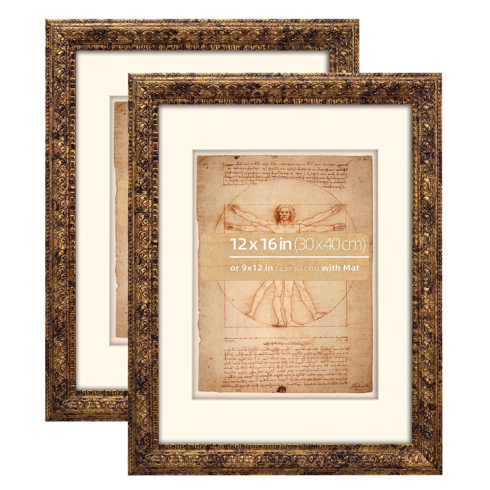 Eitida 12x16 inches Rustic Gold Ornate Picture Frame, With Mat for 9x12 inches photos, Plexi glass Protection, 2 Pack
