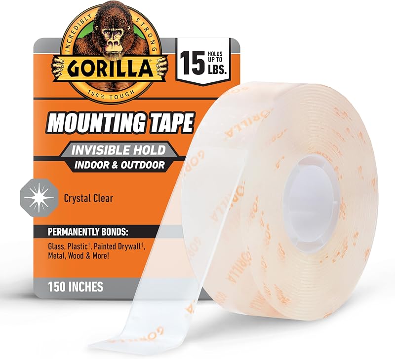 GORILLA Invisible Hold Mounting Tape, Clear, 1" x 150", 1-Pack | Holds up to 15 lbs, Clear Double-Sided Tape for Strong, Permanent Bond, Discreet Adhesive for Classroom and Study Space Setup