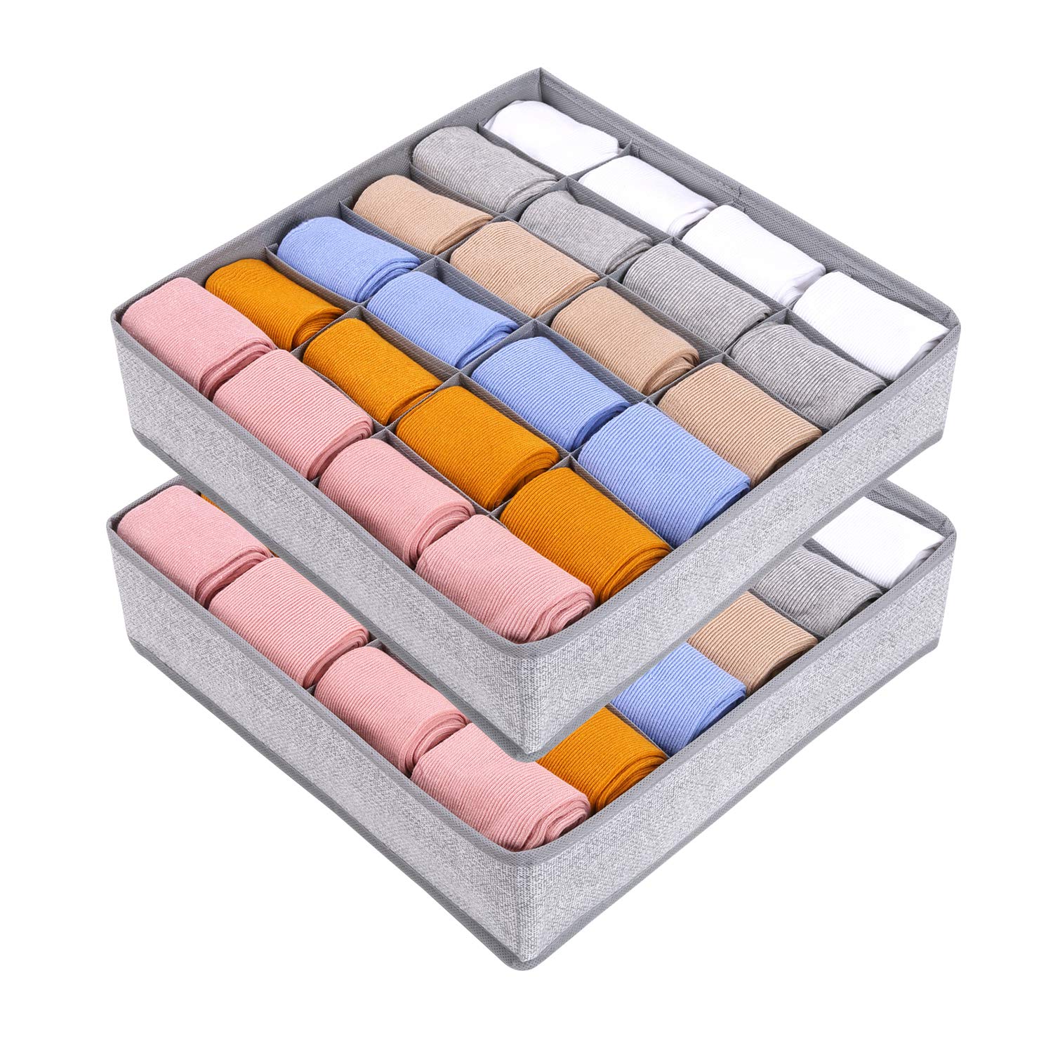 Joyoldelf 24 Cell Sock Organiser - Set Of 2 Foldable Drawer Organiser - Wardrobe Storage Organiser With S - Drawer Dividers Storage Boxes For Socks, Baby Clothes, Ties And Scarves - Grey