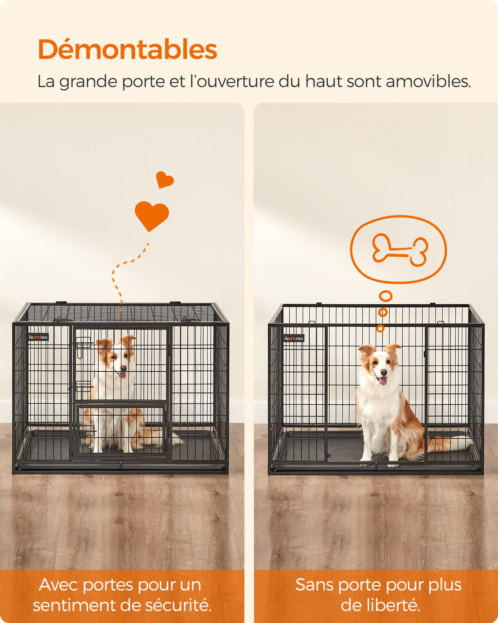 Feandrea Cage pour Chien Lourd, 107 x 70 x 75 cm, pour Chiens Moyens et Grands, Anti-évasion, Double Porte Amovible, XL, Noir PPD001B01