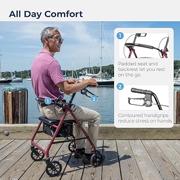 Drive Medical Aluminum Rollator Walker Fold Up and Removable Back Support, Padded Seat, 6 Wheels, Red