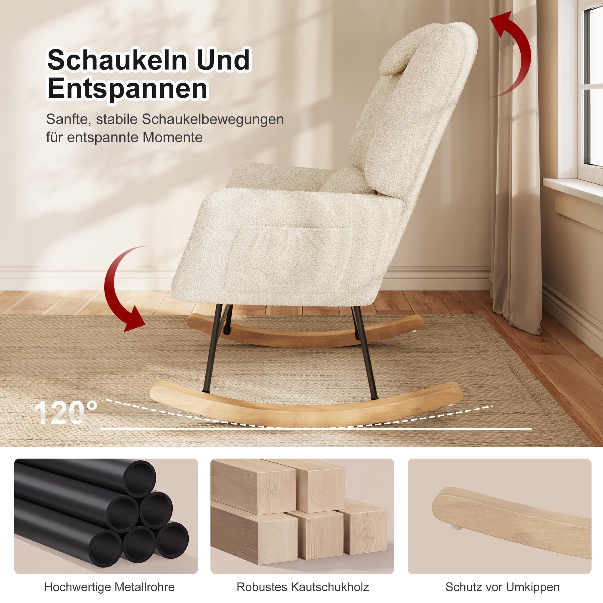 Fotel bujany z taboretem, fotel bujany Sherpa, ergonomiczny fotel do karmienia z poduszką lędźwiową i pod głowę, do salonu, pokoju dziecięcego, do 150 kg (kremowy)