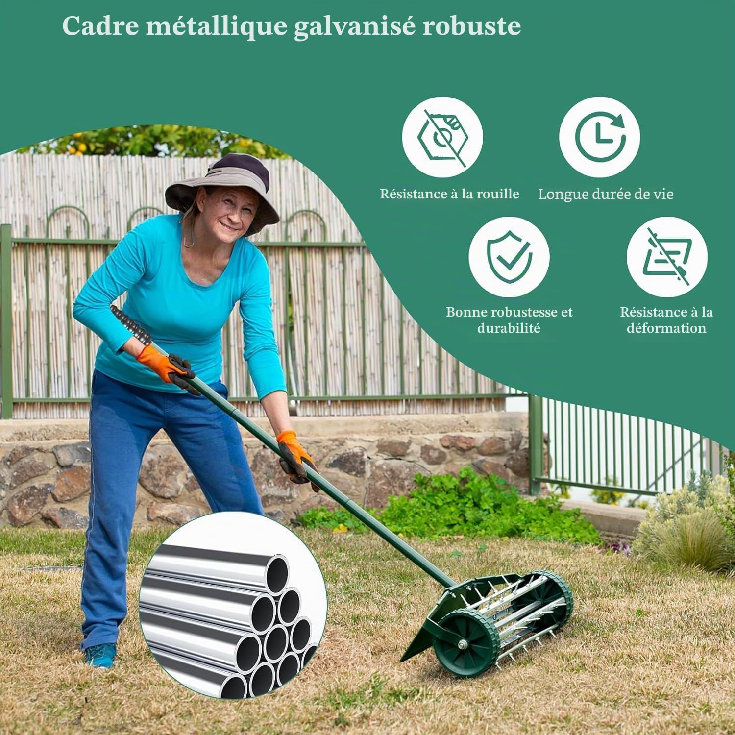 FANTASK Rouleau aérateur de pelouse, avec Manche, scarificateur Manuel, Vert, avec Clous de 3 cm et Protection Anti-éclaboussures, 46 x 23 x 127 cm