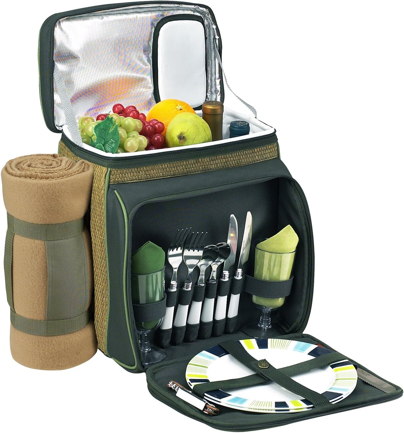 Picnic at Ascot Insulated Picnic Basket/Cooler And Blanket, Trellis Green