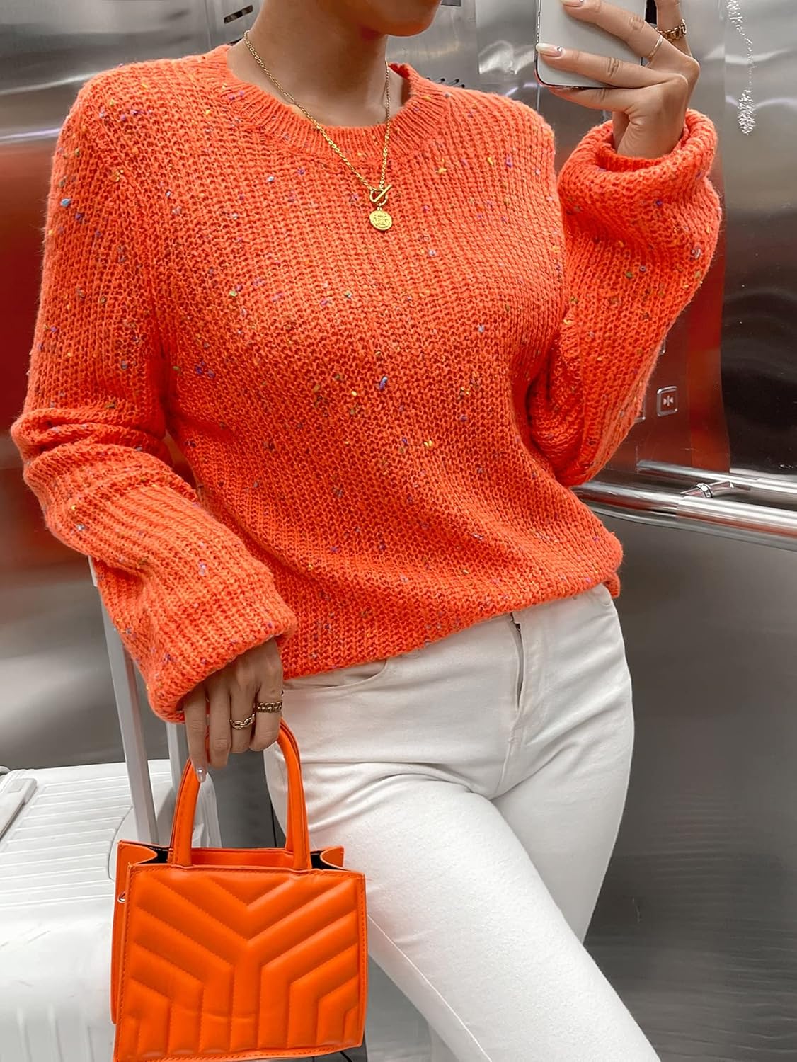 Women's Sweater Round Neck Marled Knit Sweater Sweater for Women (Color : Burnt Orange, Size : Small)