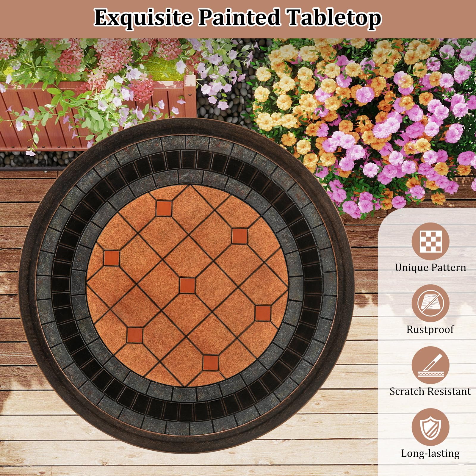 GIANTEX Gartentisch, φ60,5cm Beistelltisch Outdoor, Balkontisch mit Bemalter Tischplatte & Kreuzförmigem Sockel, wetterfester Bistrotisch für Wohnzimmer, Hinterhof, Garten