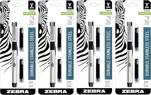 Zebra V-301 - Pluma estilográfica de acero inoxidable con recarga, punta fina, 0.028 in, tinta negra, 1 unidad, paquete de 4