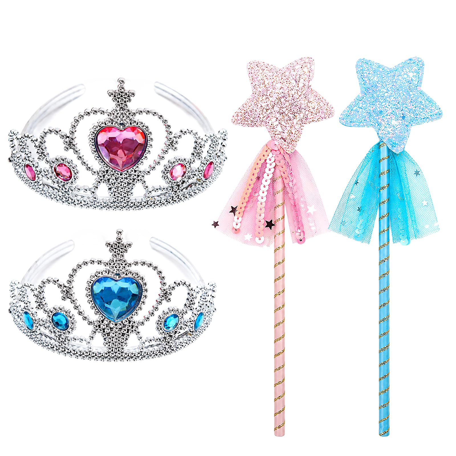 TUBAWD 4 PCS Fairy Wand,Crown Set, Magic Wand for Role Play, Princess Costume for Birthday Party and Themed Events, Pink and Blue