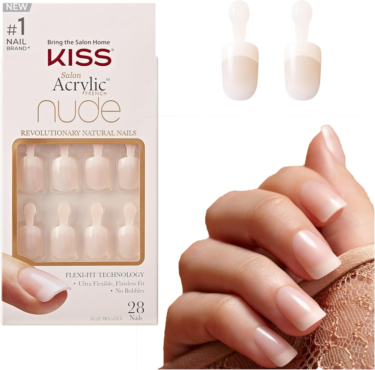 KISS Salon Acrylic French Nude Collection, Breathtaking, Short Artificial Nude Fingernails, Contains 28 Artificial Nails, Nail Glue, Nail File and Manicure Sticks