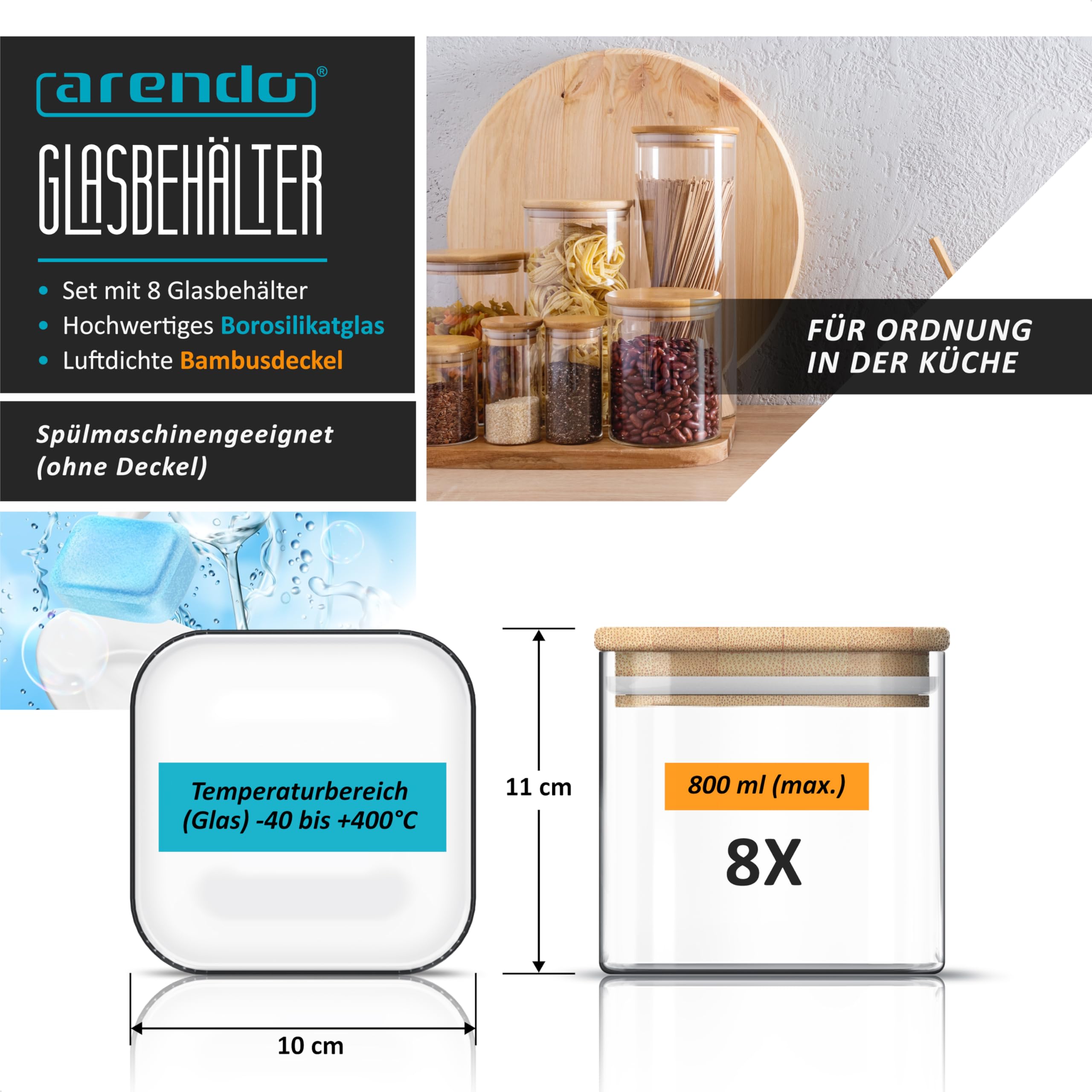 Arendo - Vorratsbehälter 800ml mit Deckel - 8er Set - Behälter aus Glas – hitzebeständig – Vorratsdosen/Vorratsgläser mit Bambusdeckel - luftdicht - für Müsli Zucker Mehl Kaffee Reis