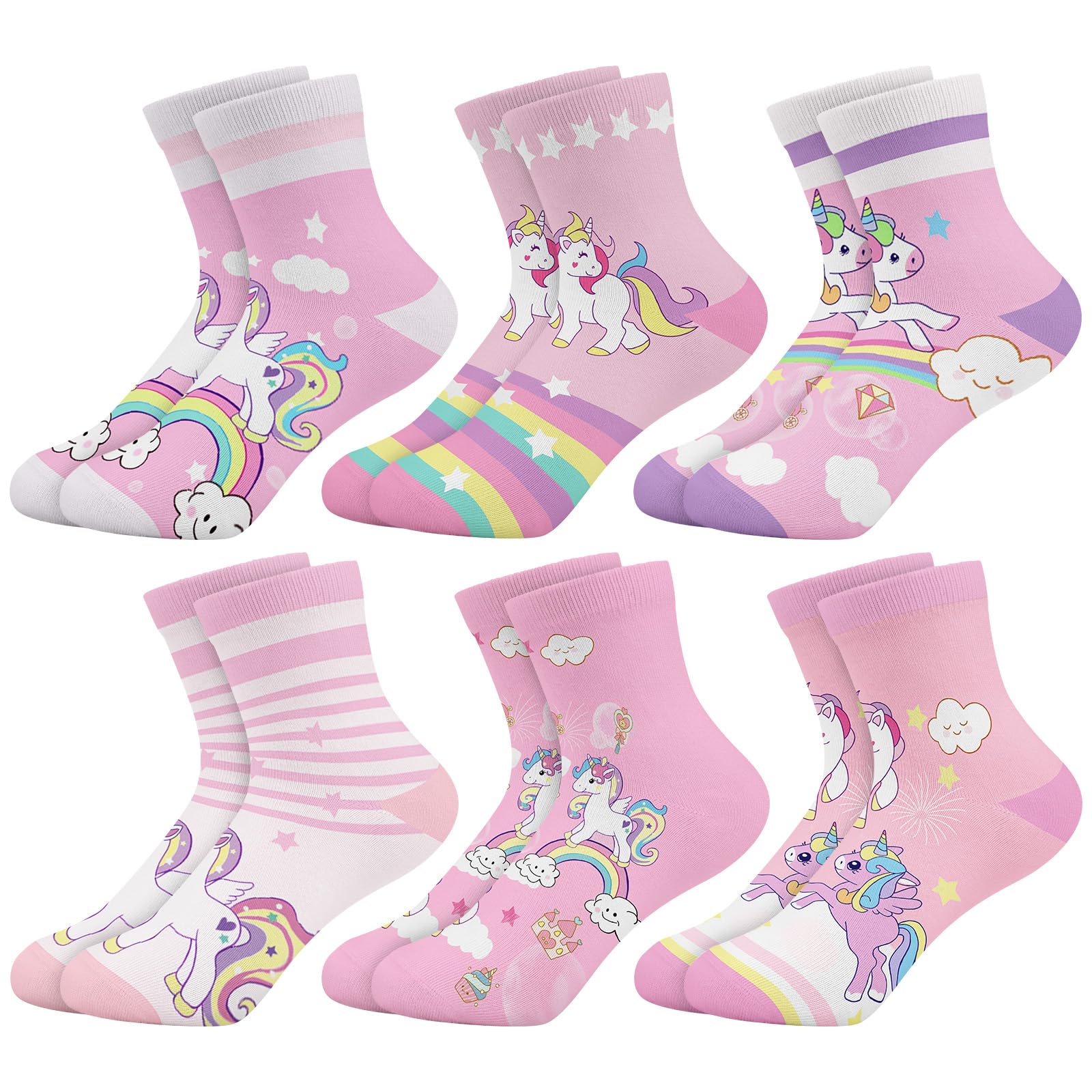 6 Paia Calzini Bambino Bambini Calze Ragazza Rosa Cartone Animato Simpatici Unicorni Arcobaleno Calzini Crew Caviglia Morbidi Regalo 3-14 Anni Taglia 25-38