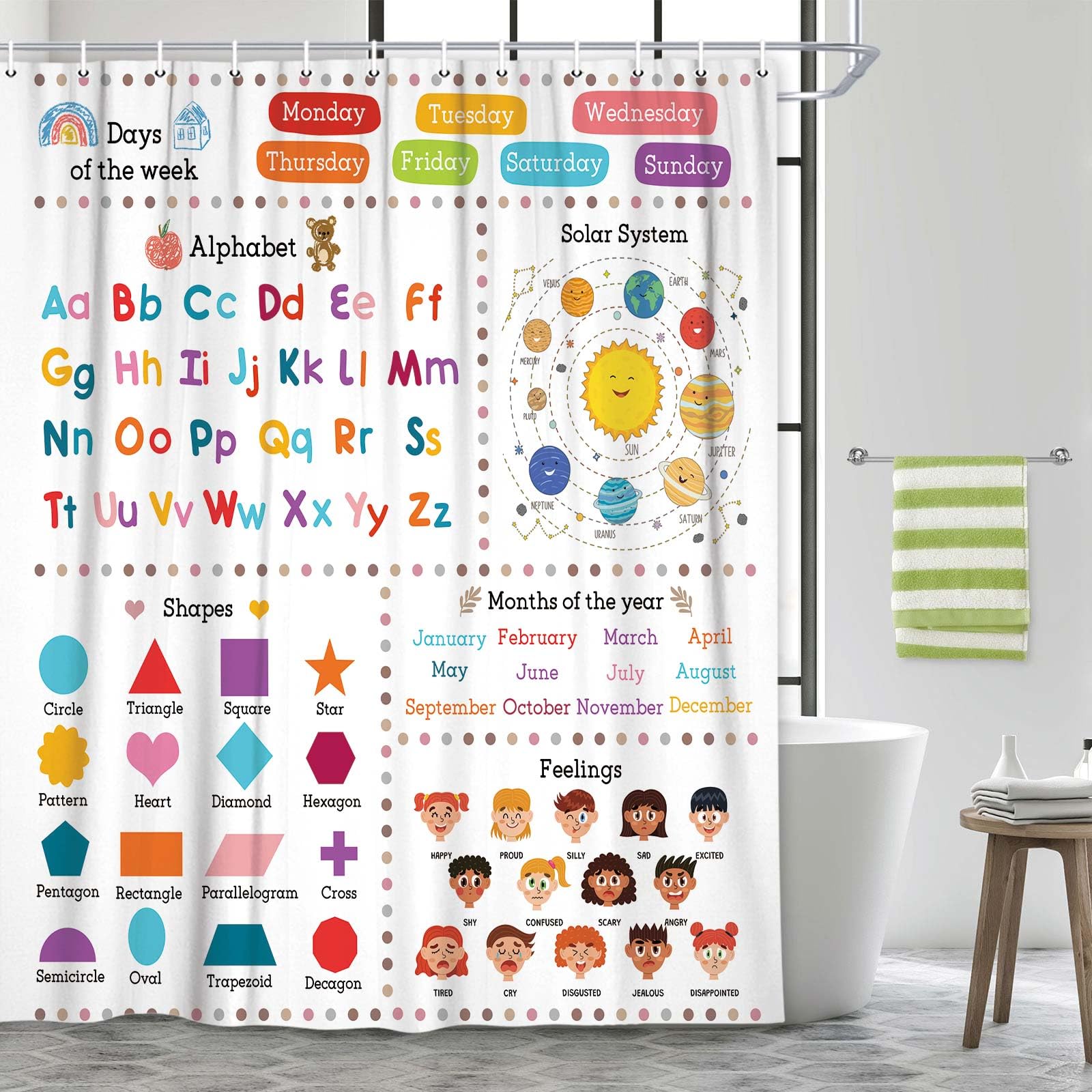 Kids Educational Shower Curtain ABC Alphabet Cartoon Solar System Shapes Cute Knowledge Bathroom Curtain Set for Todders Nursery Shower Curtain Fabric