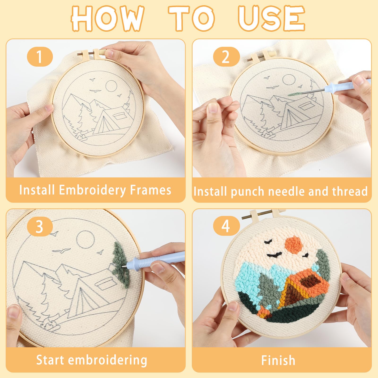 ojustbeok Juego de 3 kits de iniciación de bordado de aguja de perforación, incluye tela de aguja de perforación con patrón, hilos, aros de bordado, agujas de coser, instrucciones para adultos,