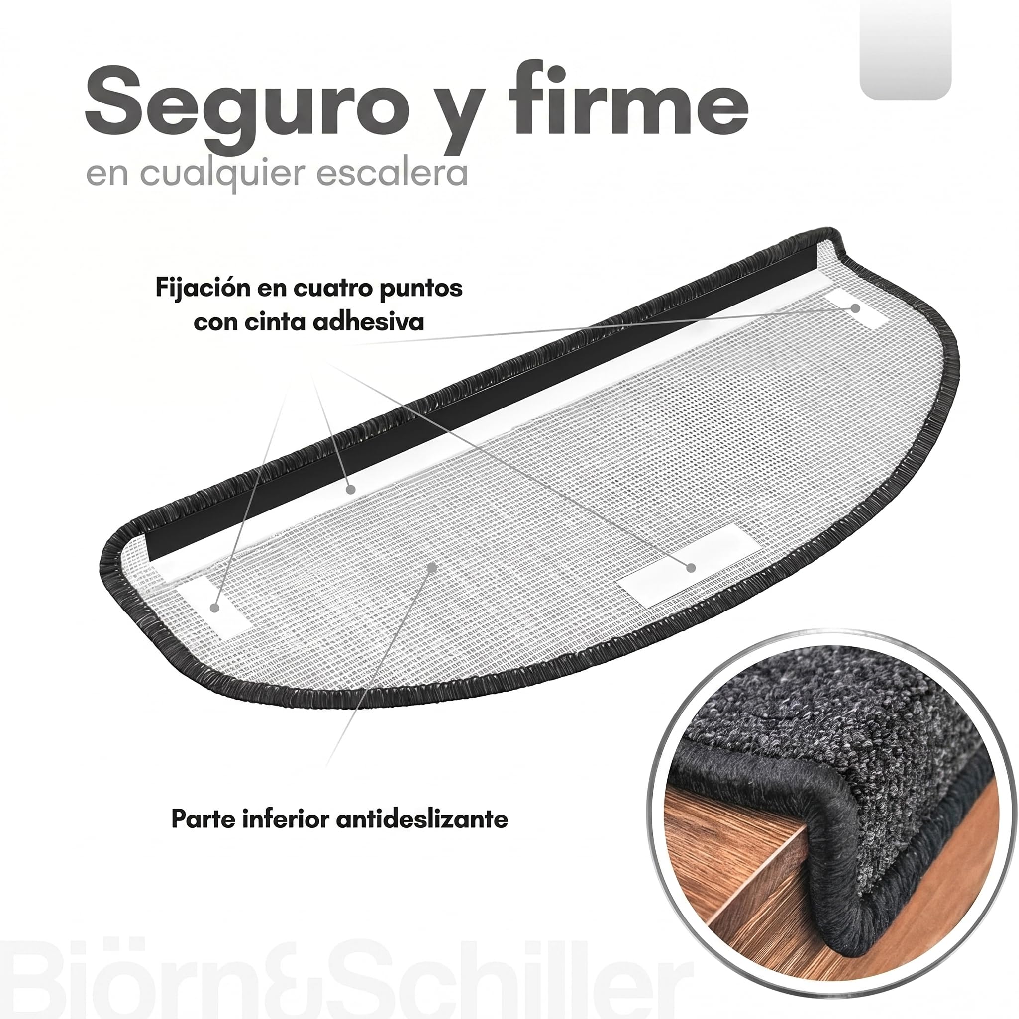Björn&Schiller Alfombrillas para escaleras, Set de 15 peldaños autoadhesivos, Alfombrillas Antideslizantes para escaleras, moqueta para peldaños, Forma semicircular, Alfombra Escalera, Gris