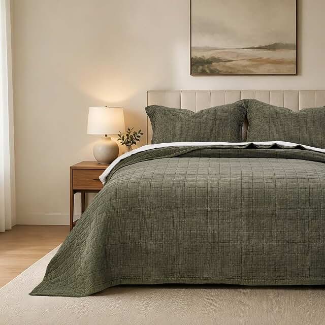 Natural Cotton Waffle Coverlet Olive Green