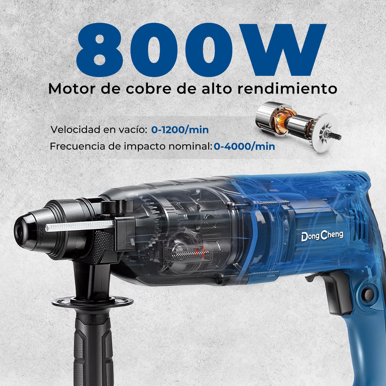 DongCheng martillo perforador 800W, energía de impacto 2.8 J, velocidad de ralentí 0-1200U/min, con 4 brocas SDS plus, 26 mm, taladro 4 en 1, martillo de demolición, mango antivibración