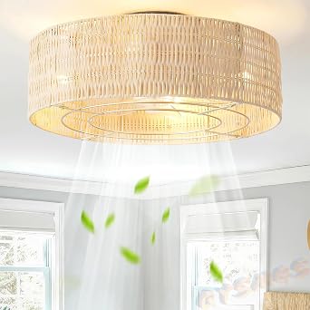 Boho Caged Ceiling Fan with Lights and Remote Flush Mount Low Profile Rattan Ceiling Fans with Lights 6 Speeds for Bedroom Nursery Living Room [Energy Class A]