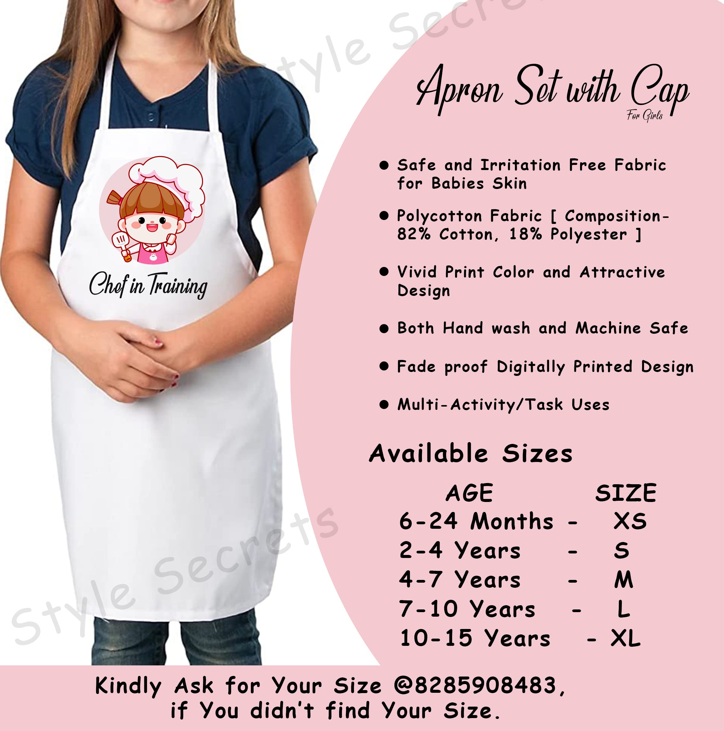 Style Secrets Baby Girls White Polycotton Chef Apron with Cap Costume for Photoshoot, Fun, Activity, etc. (4-7 Years) 1