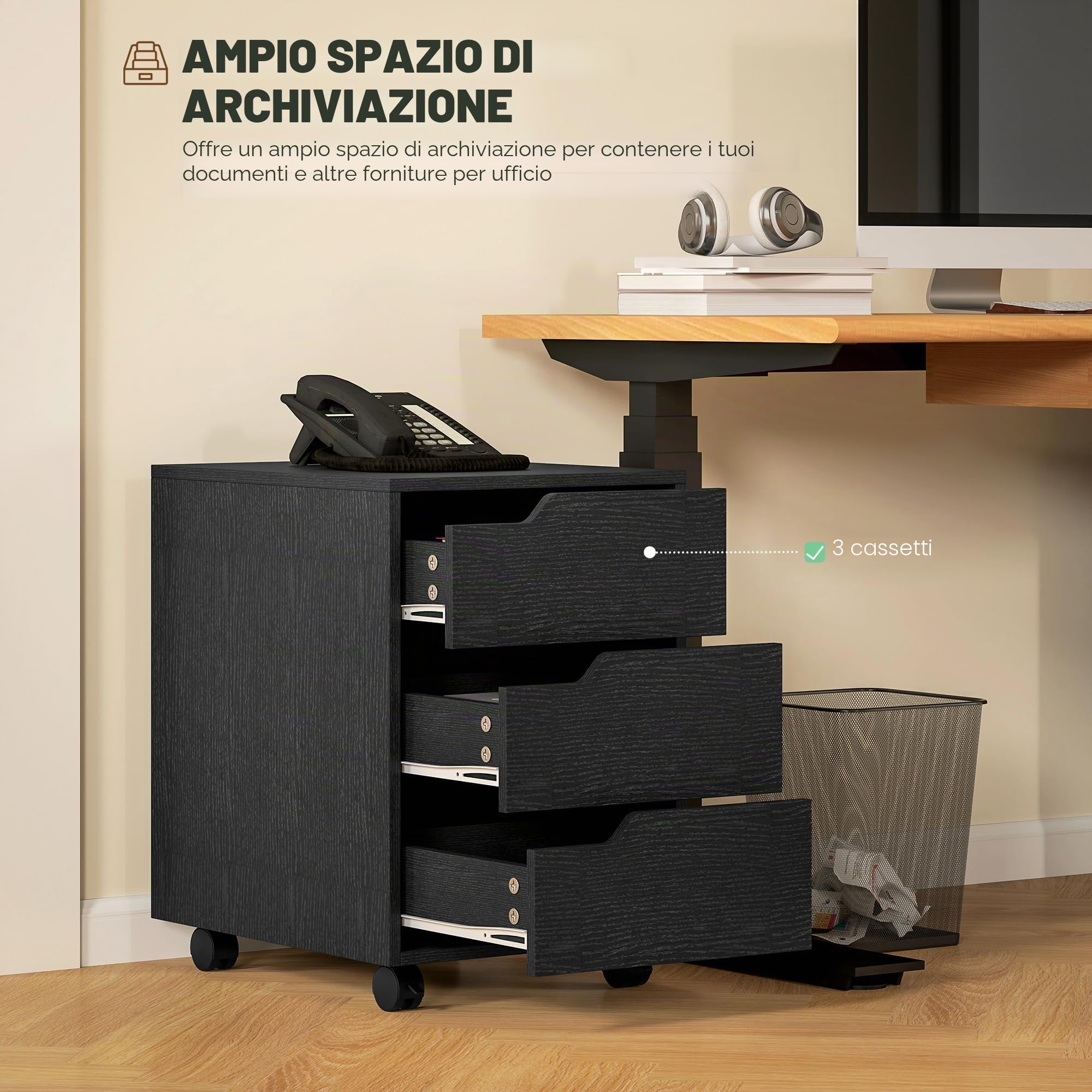 HOMCOM Cassettiera da scrivania mobile con 3 cassetti, mobile da scrivania su ruote, per documenti e stampante, scatola compatta per lavoro o camera da letto, 40 x 50 x 57,5 cm, nero
