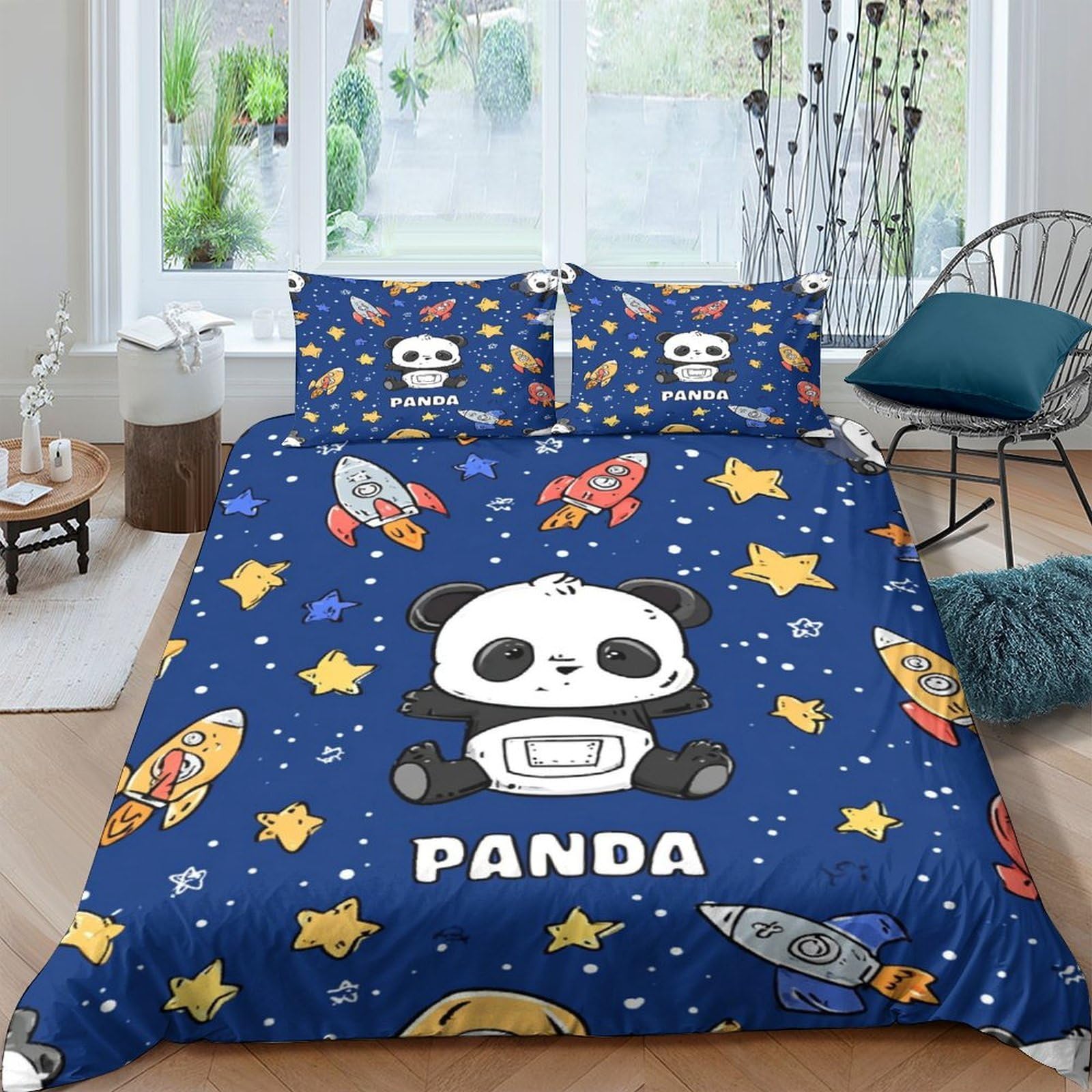 Ctjqhvkz Style-2 3D Printed Cartoon Panda Fitted Sheet Microfiber Soft Blue Space Bed Cover For Bedroom Dorm Mattress Protection Decor Single（135X200cm）