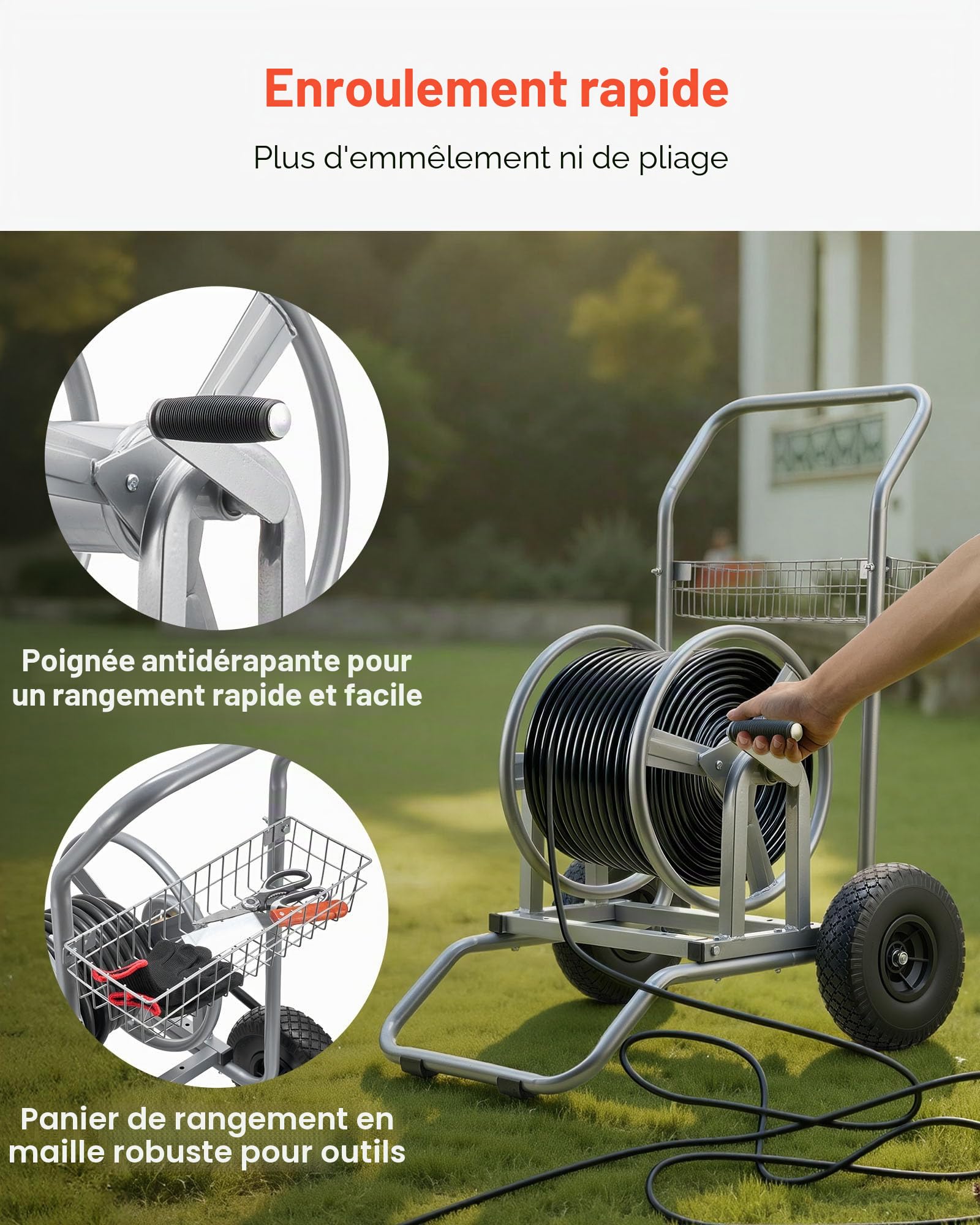 VEVOR Chariot Enrouleur de Tuyau Arrosage 6096 cm 9144 cm Dévidoir de Tuyau Arrosage sur 2 Roues pour Arroser Le Jardin et Lavage de Voiture, Déplacement Fluide, avec Poignée et Panier de Rangement