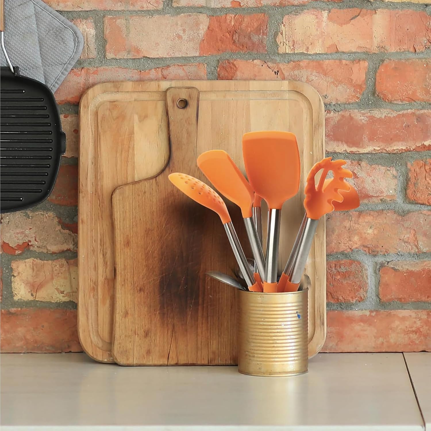 7PCS Cooking Utensil Set, Stainless Steel Handles, Silicone Non-Toxic BPA-Free, Kitchen Spatulas, Kitchen Tools Gift Set for Nonstick Cookware Food-Grade Heads - Silicone Gadgets (Orange)