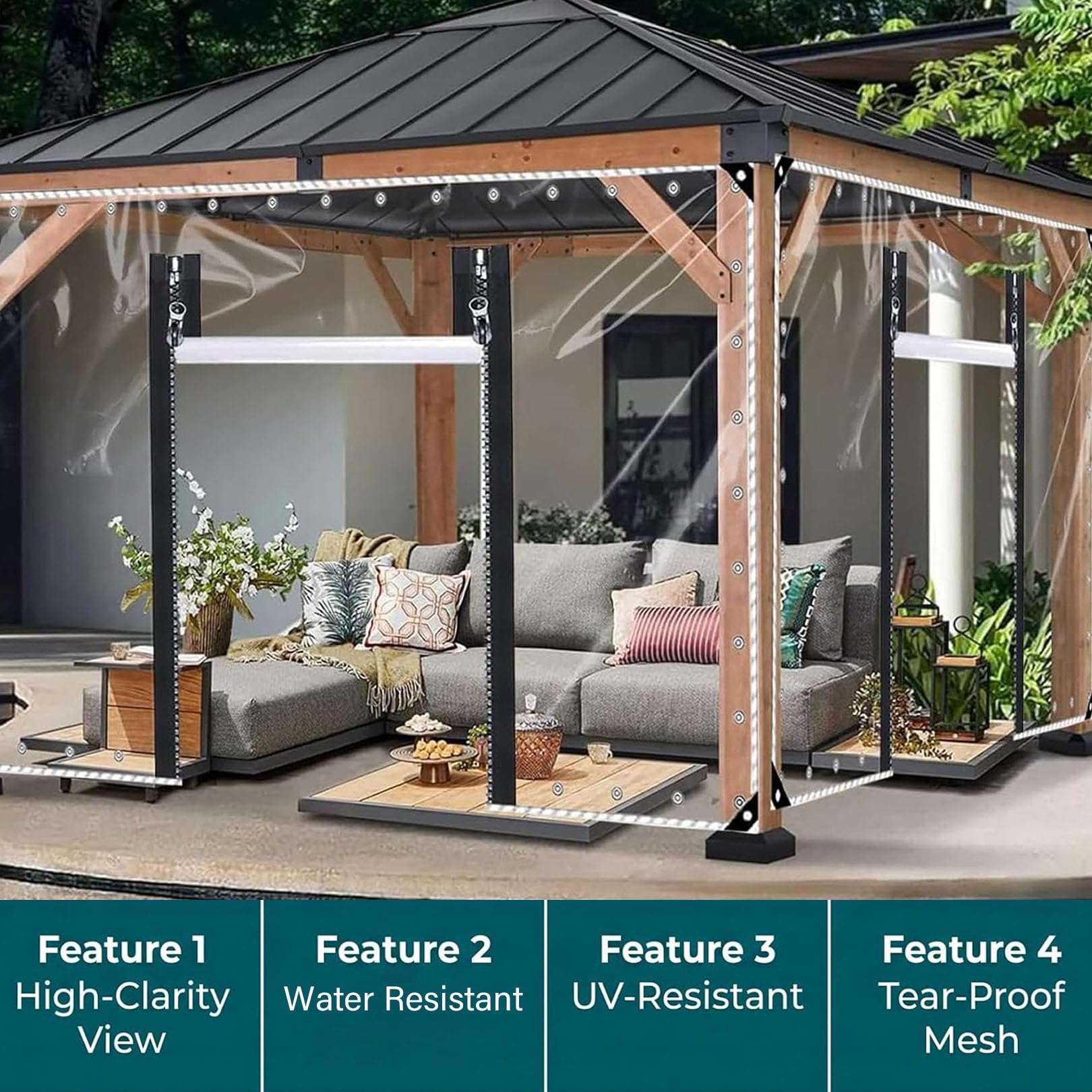 Telo PVC trasparente per esterno 2,5 × 7,5m spessore 0,5 mm con cerniera | Tenda-telo resistente agli agenti atmosferici, con superficie idrorepellente, pannello laterale per pergola, terrazzo