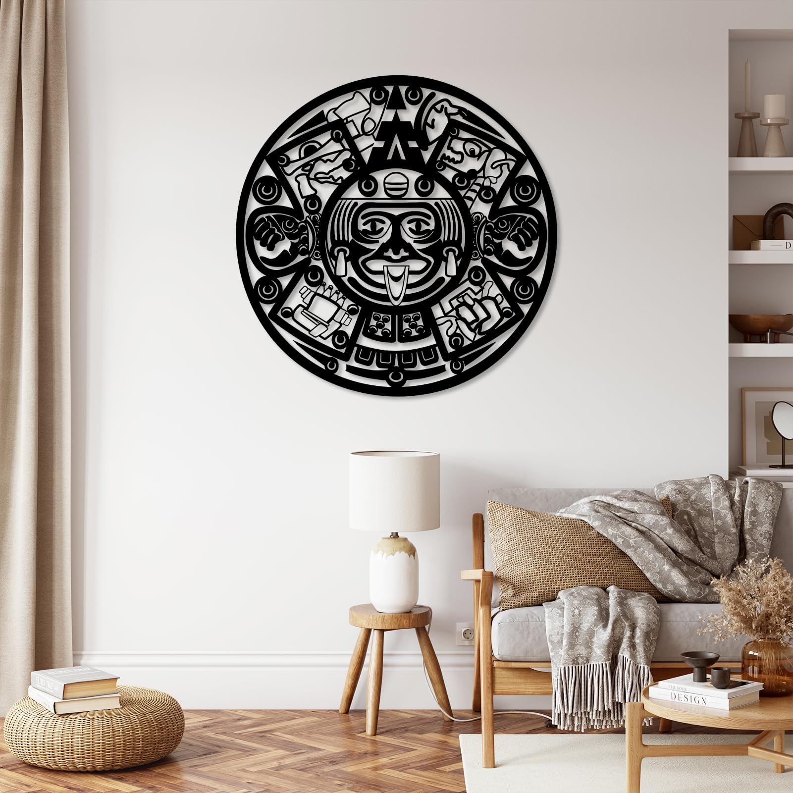 Metalowy czarny kalendarz aztecki, dekoracja ścienna z metalowym kamieniem słonecznym w stylu vintage Majów, dekoracja ścienna z kalendarzem azteckim, nowoczesna rzeźba do salonu, sypialni,