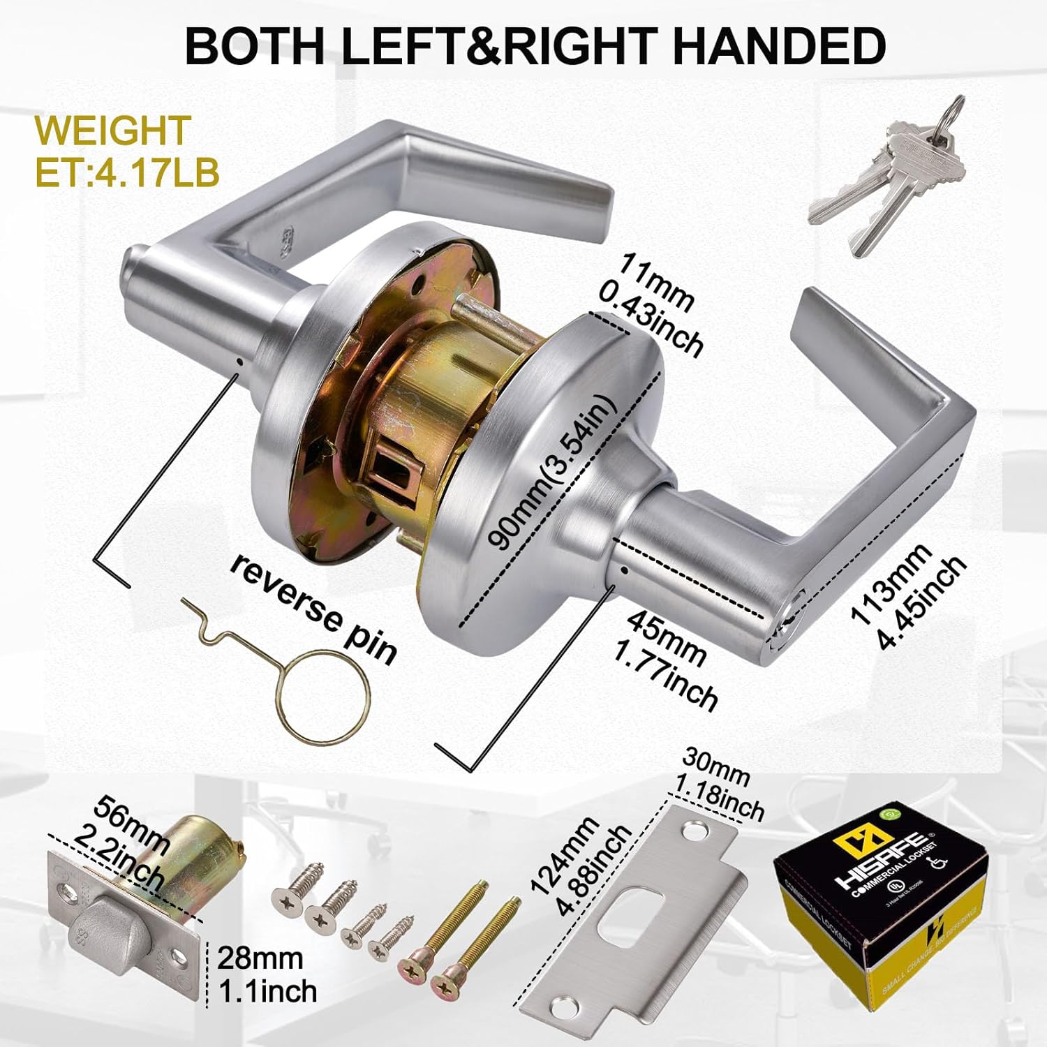 Keyed Entry Grade 1 Commercial Door Locks Heavy Duty Office Door Lever, Non-Handed, UL 3 Hour Fire Rated, ADA Compliant, Brass Latch, 2-3/4''Backset, Satin Chrome 26D