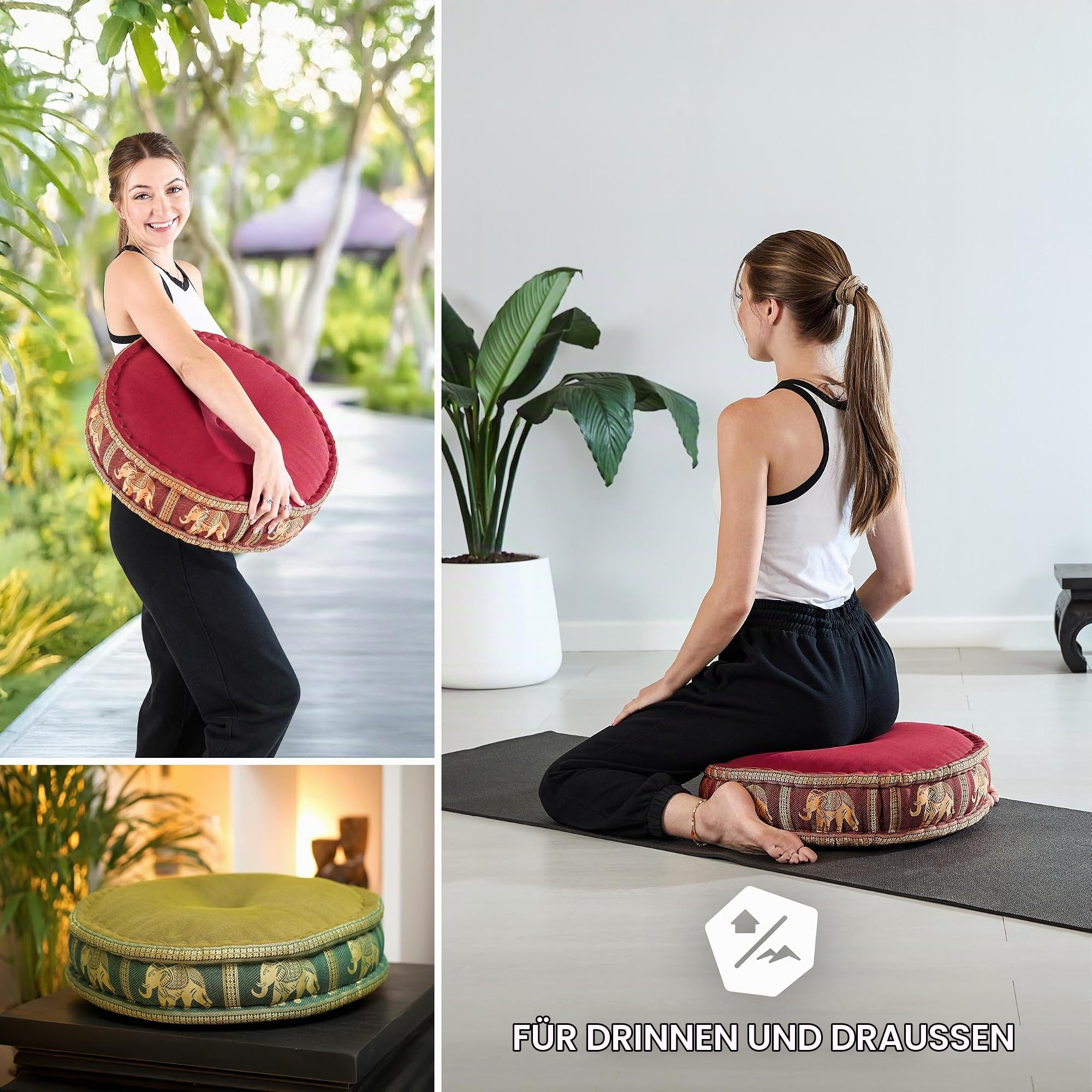 livasia Meditationskissen mit Thaiseide - Ø 45x15cm - Yogakissen mit Kapok, Pouf, Bodenkissen für Yoga und Zen Meditation, Sitzkissen für Garten und Balkon, Zafukissen (Rot/Elefanten Seide)