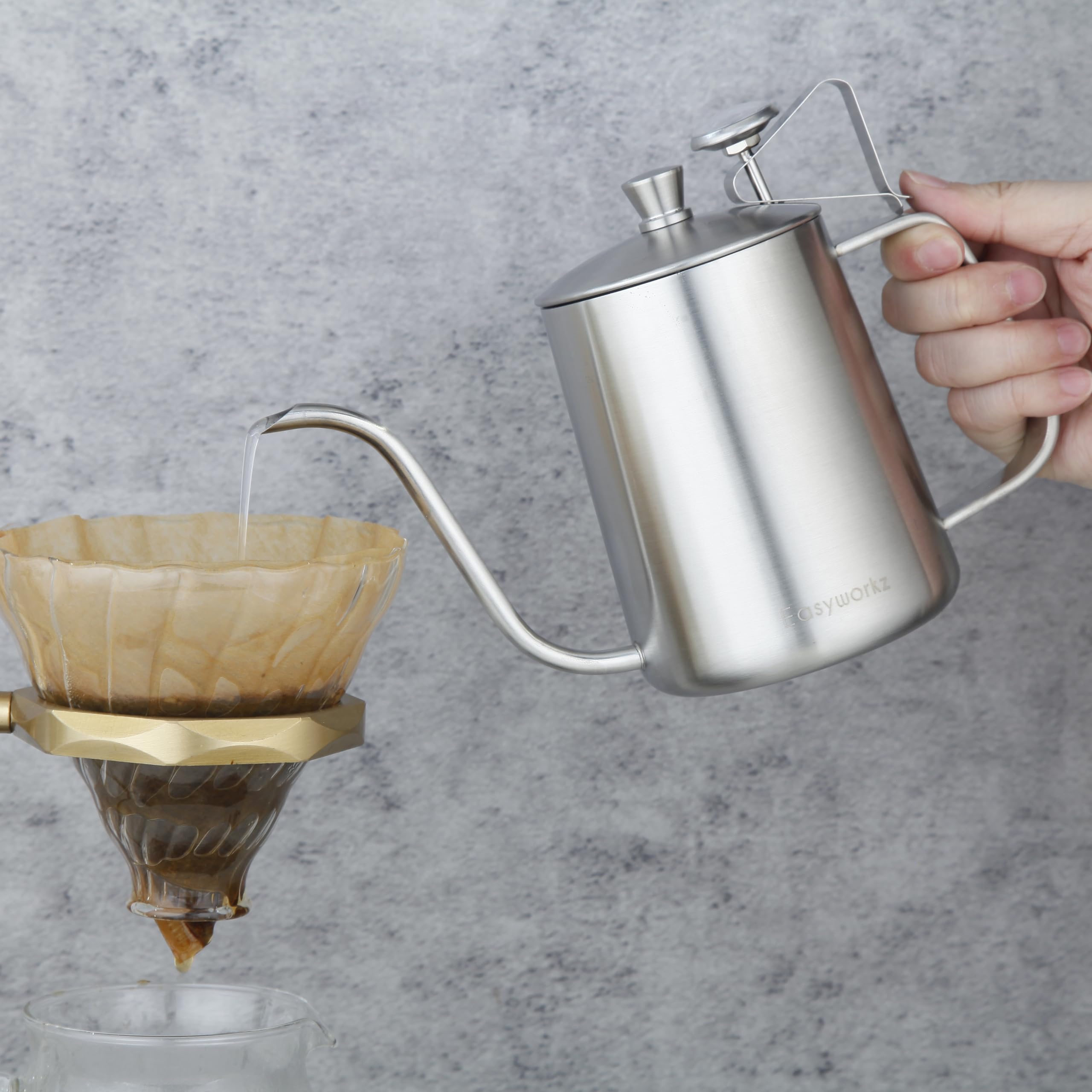 Gage - Hervidor de café de cuello de cisne para verter sobre 20 onzas con termómetro de acero inoxidable con boquilla larga y estrecha, color plateado 3